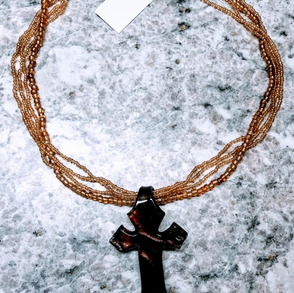 Glass Cross Necklace in Bronze/Gold/ Black - Picture 4 of 8
